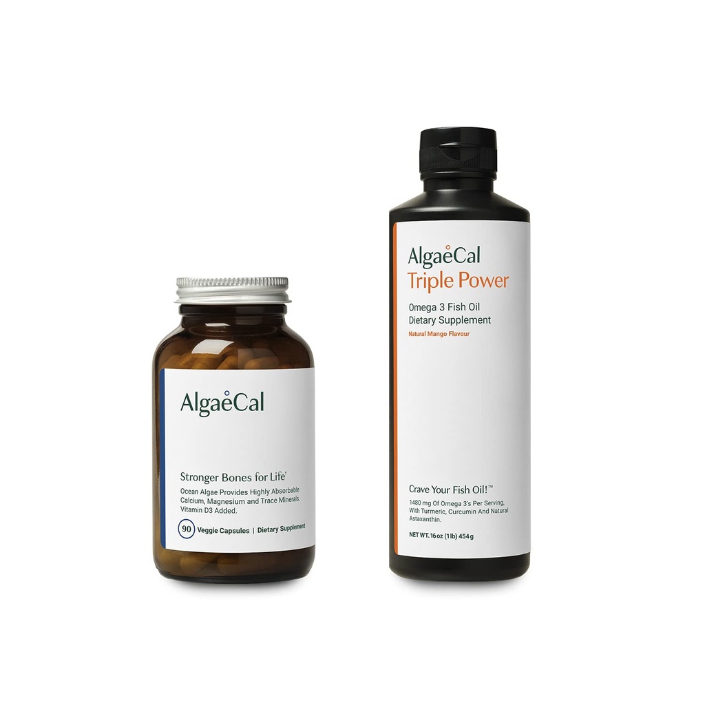 AlgaeCal Bundle - Pflanzenbasierte Kalziumergänzung mit Vitamin D3 für Knochen Gesundheit & Stärke & Dreifache Leistung Omega-3 Fischöl natürliche flüssige Emulsion mit EPA & DHA, Curcumin, Astaxanthin