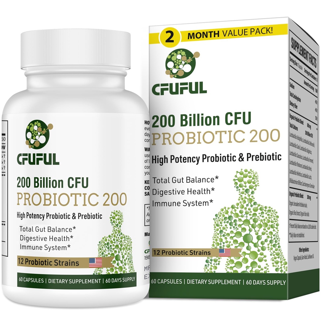 Probiotics for Women & Men, 200 Billion CFU 12 Strains mit 3 Bio-Präbiotika und Probiotika für Verdauungs-Gesundheit Gut, Immune, Bloating & Gas, Energie, Gesamtgesundheit, Regal stabil - 2 Monate Versorgung