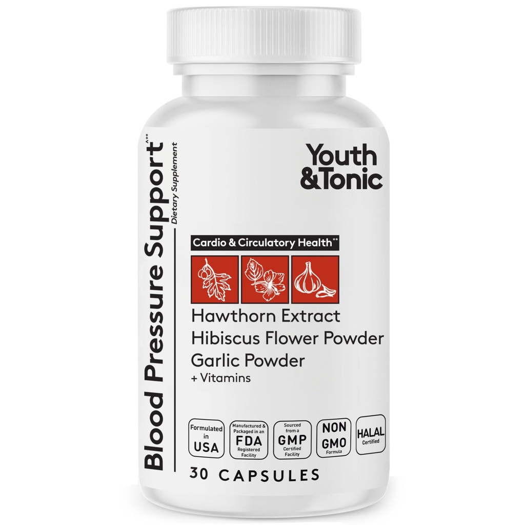 Jugend & Tonic Natürliche Blutdruck-Ergänzung w/Hawthorn Hibiscus & High Potency Diuretic Kräuter & Vitamine für Wasserretention | 30 BP Kapseln, um eine gute Gesundheit zu erhalten | Frauen & Männer