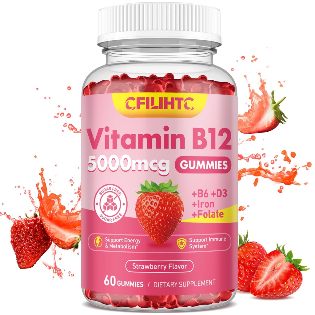 Vitamin B12 Gummie für Frauen & Männer, 5000mcg Methyl B12 Gummie mit Vitamin B6, D3, Eisen, Folat für Erwachsene, unterstützt Energie & Stoffwechsel Boost, Mood, Immun & Nervous System, Sugar Free Strawberry