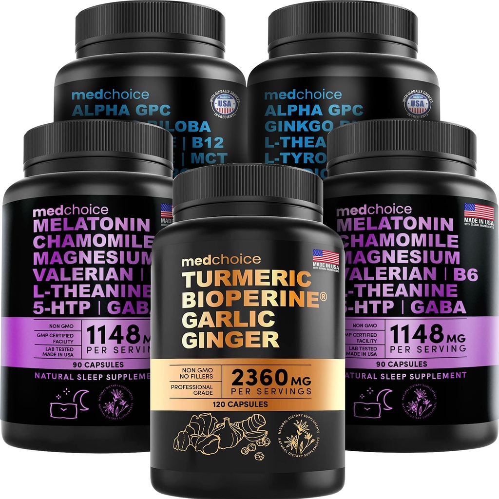MEDCHOICE Turmeric & Ginger (120ct), Sleep Melatonin (180ct) und Nootropic Brain (120ct) Supplement Bundle - Wellness Trio für Gehirn, Schlaf und Immununterstützung - Vegan, Non-GMO, Gluten-frei