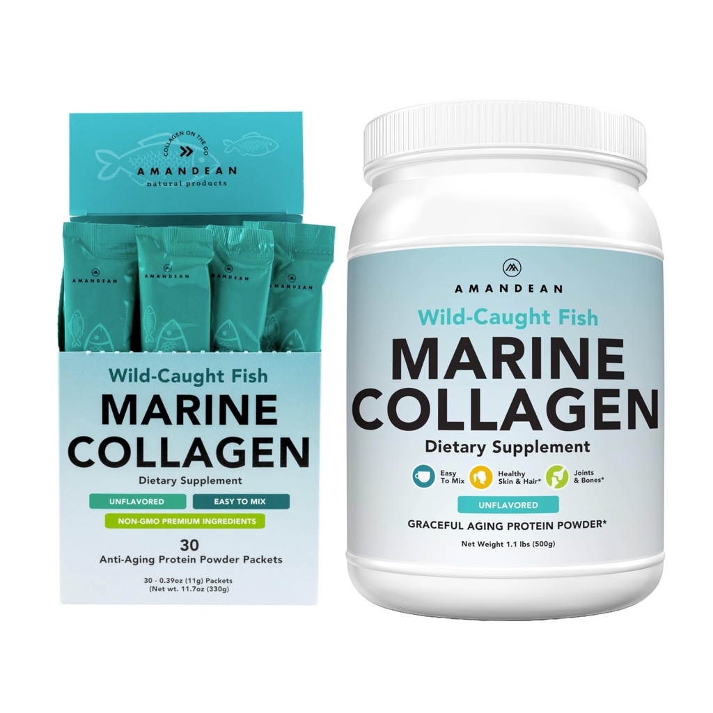 AMANDEAN Marine Collagen Duo. 500g Container + 30 Reisepakete. Hydrolysierte Fisch Collagen Peptide für Haut, Haar & Nägel. Pescatarian, Keto & Paleo-Friendly, Unflavored