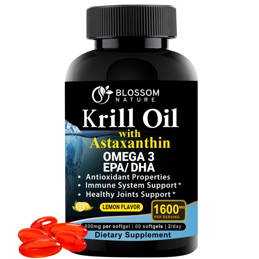Antarctic Krill Oil Softgels–1600mg pro Servieren mit 2mg Astaxanthin, High Omega‐3 (174mg EPA & 120mg DHA) in Phospholipidform–Unterstützung Joint, Herz, Haut und Gehirn Gesundheit–60 Lemon-Flavored Softgels