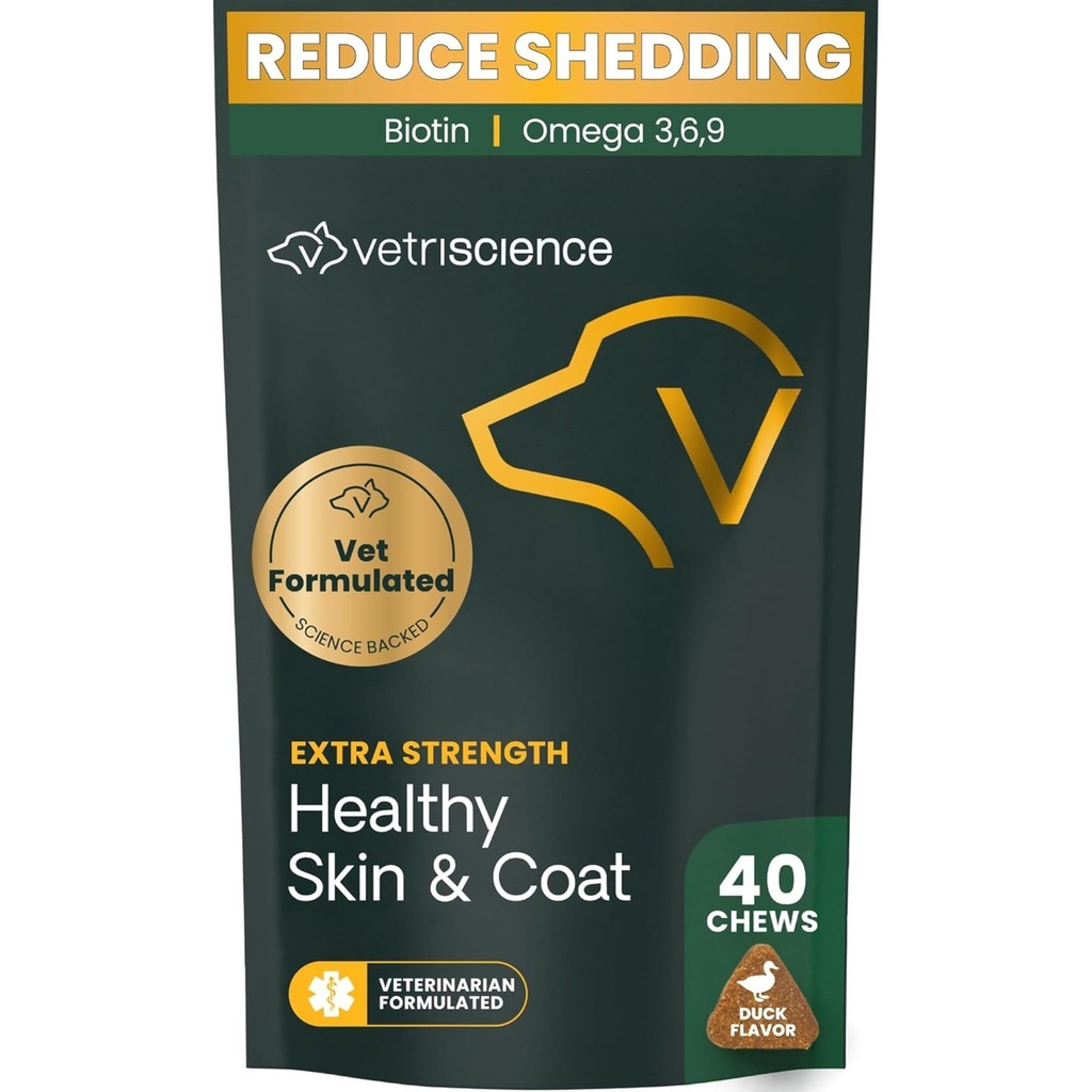 VetriScience Extra Strength Healthy Skin & Coat Chews, Omega Plus Ergänzung für Hunde, mit Balanced Omega 3, 6, 9, Fischöl und Biotin, Hautgesundheit, Mantelwachstum und Glanz, Ente, 40 Count