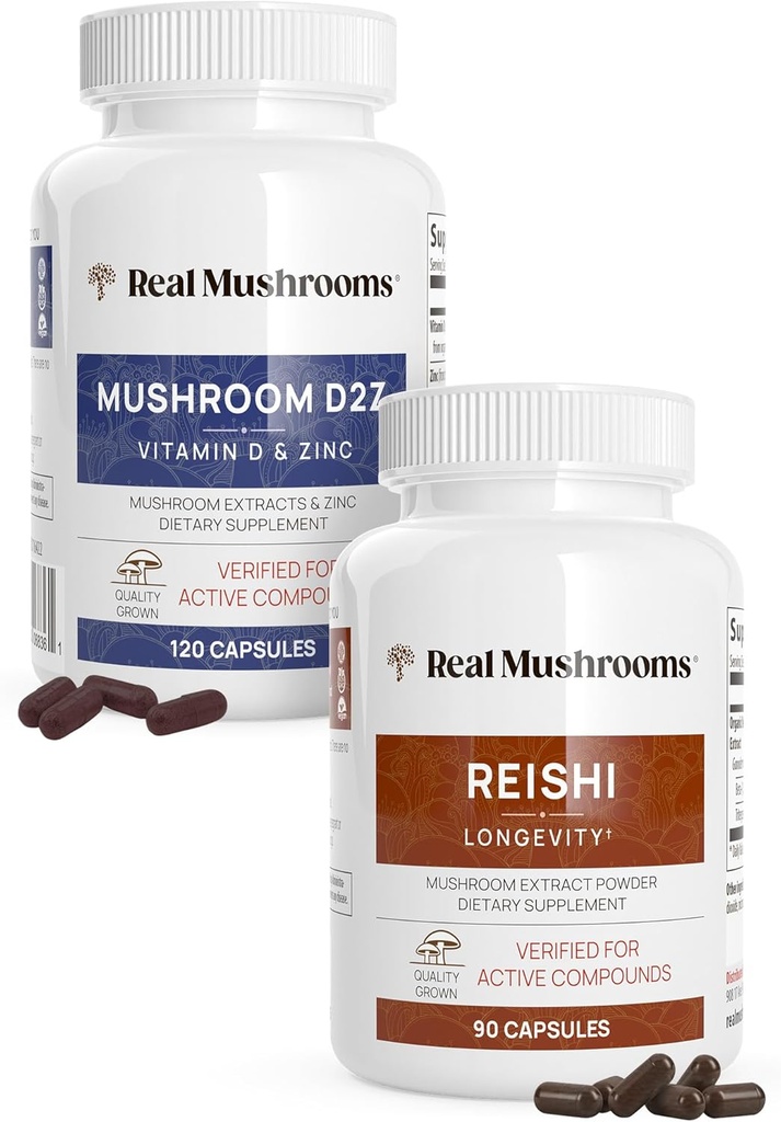 Echte Pilze Vitamin D2, Zink (120ct) und Reishi 415 (90ct) Bundle mit Chaga - Natürliche Unterstützung für Immunität, besserer Schlaf und Entspannung - Vegan, Glutenfrei, Non-GMO, Organische Pilzextrakte