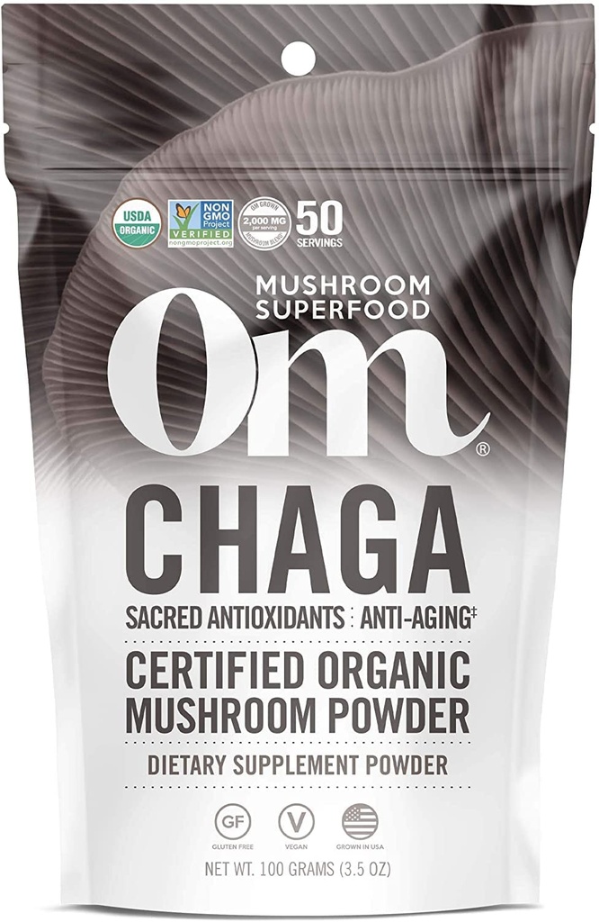 Om Mushroom Superfood Chaga Bio Pilzpulver, 3.5 Unze, 50 Servierungen, US Grown, Sacred Antioxidants & Immune Unterstützung, Superfood Pilzergänzung