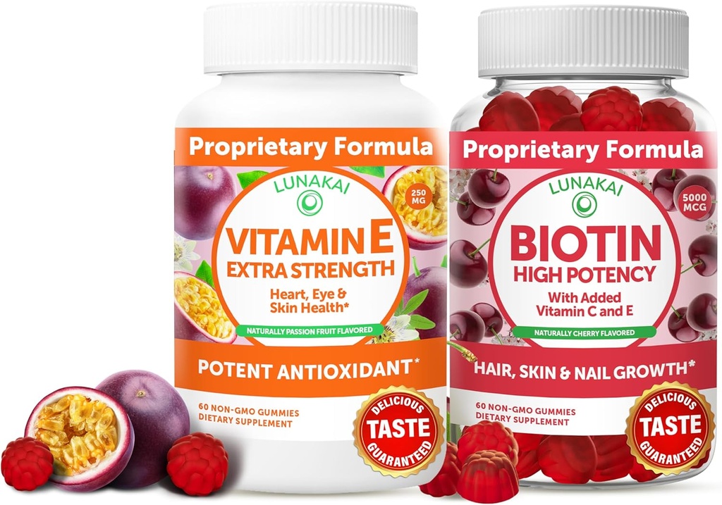 Lunakai Vitamin E und Biotin Gummie Bundle - 3000 mcg Gummi für Erwachsene Energieunterstützung und Knochengesundheit - Vitamine für Haar, Haut und jugendliche Erscheinung