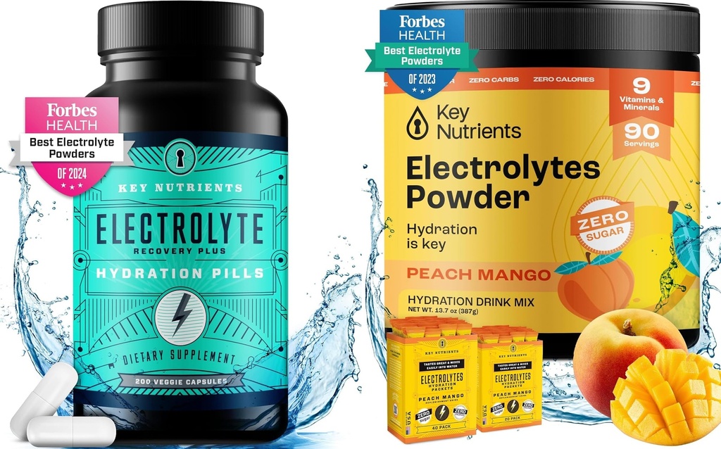 KEY NUTRIENTS Hydration & Energy Electrolyte Bundle – Elektrolyt Tablets & Tropical Peach Mango Multivitamin Powder, Sugar-Free