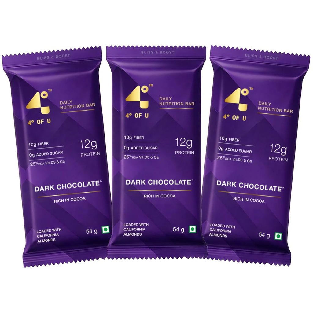 4 Degrees of U Women’s Wellness Protein Bar, Dark Chocolate | 12g Protein with No Added Sugar |10g High Fibre, Calcium & Vitamin D3, Pack of 3 (54g each)