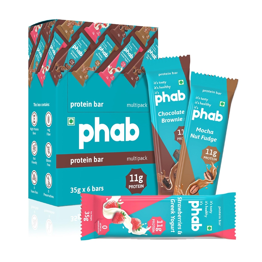 Phab Assorted Protein Bars (Chocolate, Mocha, Strawberry) 11g Protein, No Added Sugar | High Fibre, Trans Fat-Free & No Preservatives | Healthy & Tasty | GMO Free (Pack of 6 x 35g)
