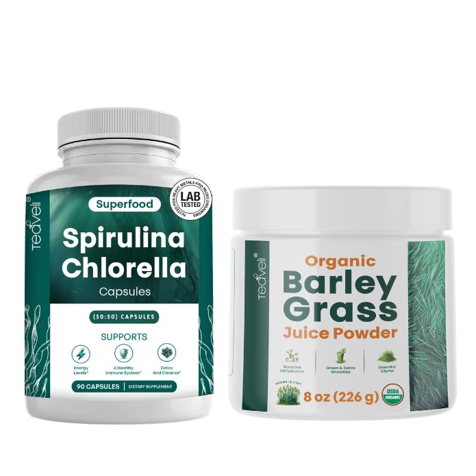 Teaveli Spirulina und Chlorella Kapseln und orgaic Gerste Grassaft Pulver Bundle