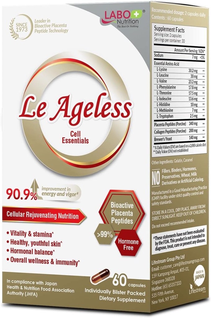 LABO Nutrition Le Ageless – Placenta Cell Rejuvenating Therapy aus Japan – Enhanced with Collagen Peptide and Brewer’s Yeast to supports Immune Health, Skin Regeneration, Anti-Aging – 60 Kapseln