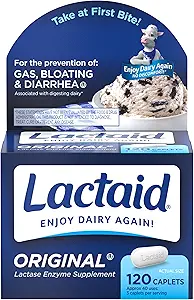 Lactaid Original Stärke Lactose Intolerance Relief Caplets mit natürlichem Lactase Enzym, Nahrungsergänzung zur Vermeidung von Gas, Bloating & Durchfall durch Lactose Sensitivität, 120 ct