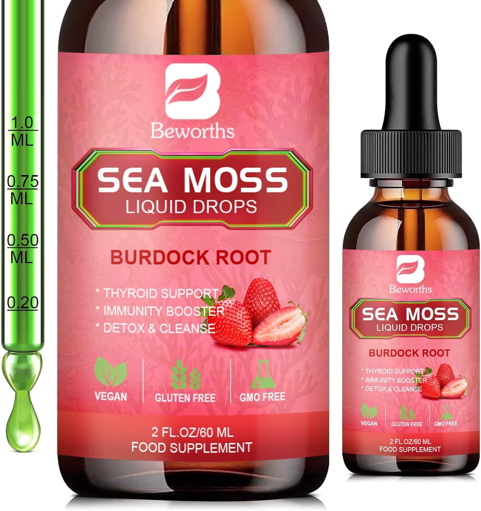 Sea Moss Liquid Drops - Organic Irish Sea Moss Gel mit Spirulina, Bladderwrack, Burdock Root, Seamoss Gel Supplement für Joint, Gut Cleanse & Digestion Support - 2 Fl Oz, Vegan