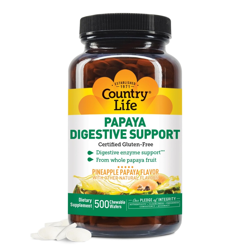 Country Life Kaubare Papaya Enzyme für Verdauungsunterstützung - Natürliche Ananas & Papaya Flavor, Assists with Nutrient Absorption, Enthält Papain & Protease - 200 und 500 Wafer Verfügbar