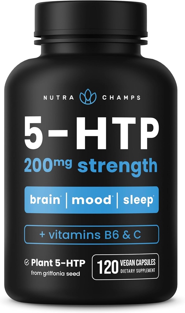 NutraChamps 5-HTP 200mg, 120 Vegan Kapseln, Pure 5HTP 100mg Plus Co-Factors Vitamin B6 & Vitamin C
