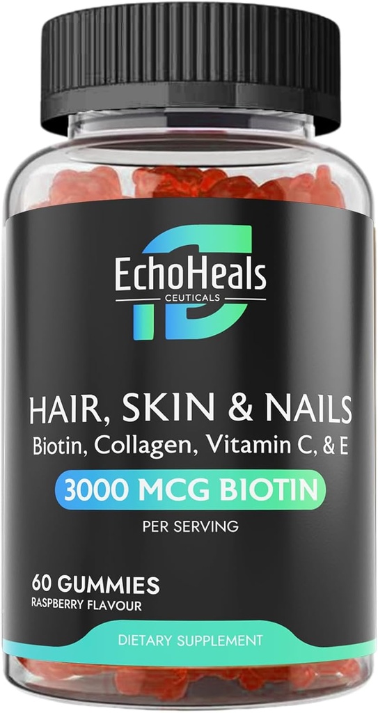 Haare, Haut und Nail Gummies | Biotin Collagen Vitamin C & E Supplement | 3000mcg Biotin | Raspberry Flavored | 60 Gummis