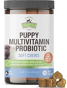 Strawfield Pets' Puppy Multivitamin + Probiotika für Hunde Welpen Vitamine mit Joint Support Supplement für Hunde & Welpen Tasty Bacon Flavor 120 Soft Chews
