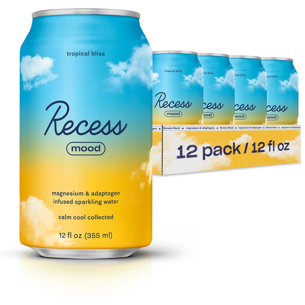 Recess Mood Magnesium & Adaptogen Getränk, Relaxation Getränke, 12 Unze (Tropische Glückseligkeit, 12 Packung)