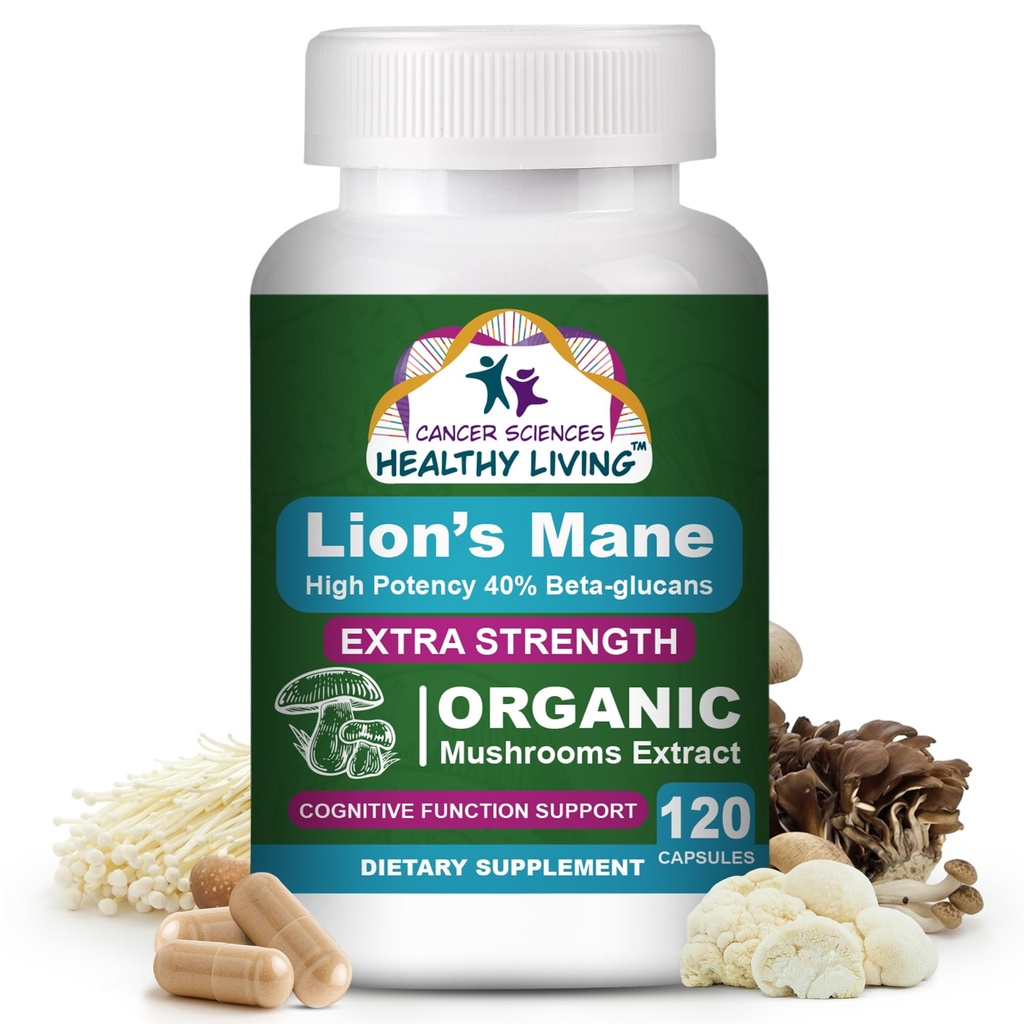 Cancer Sciences Bio Lions Mane Mushroom Supplement Kapseln für Männer & Frauen - 1.500mg Gehirn Ergänzungen für Gedächtnis & Fokus - Hohe Potenz 40% Beta-Glucans - Nootropic Pilz Complex, 120 Zähler
