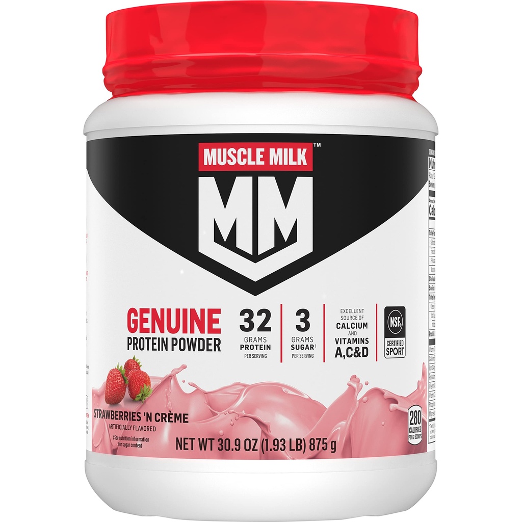 Muscle Milk Genuine Protein Powder, Erdbeeren 'N Crème, 1.93 Pfund, 13 Portionen, 32g Protein, 3g Zucker, Calcium, Vitamine A, C & D, NSF zertifiziert für Sport, Energiespendende Snack, Verpackung Mai Vary