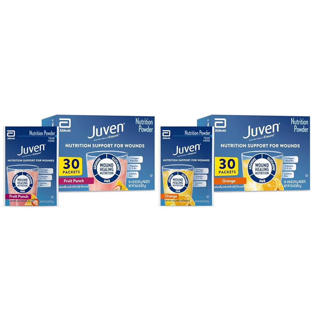 Juven Therapeutic Nutrition Drink Mix Powder for Wound Healing Support, beinhaltet Collagen Protein, Orange 30 Count & Fruit Punch 30 Count, 60 Total Packets