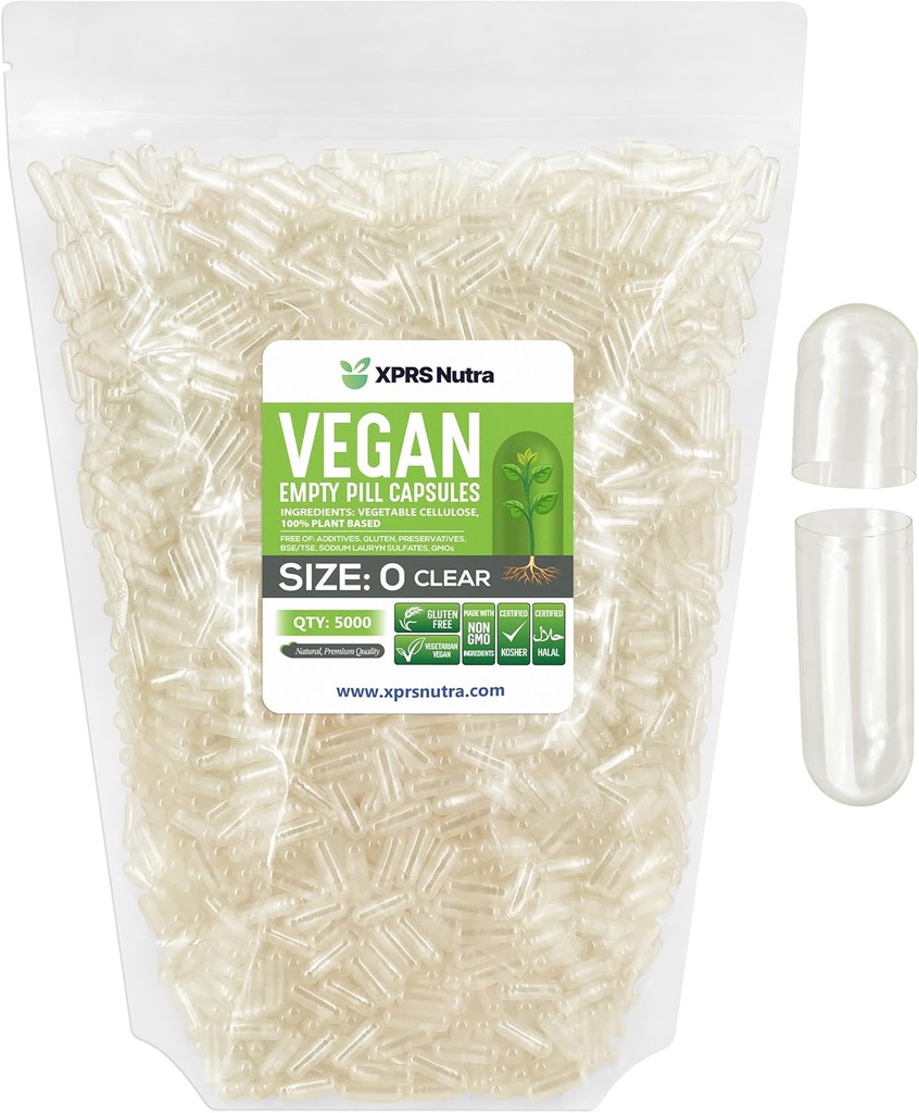 XPRS Nutra Größe 0 Leere Kapseln - 5000 Graf Klare leere vegane Kapseln - Vegetarische Tabletten - DIY Gemüse Kapsel Füllung - Veggie Pill Caps für Do-It-Yourself Ergänzungen