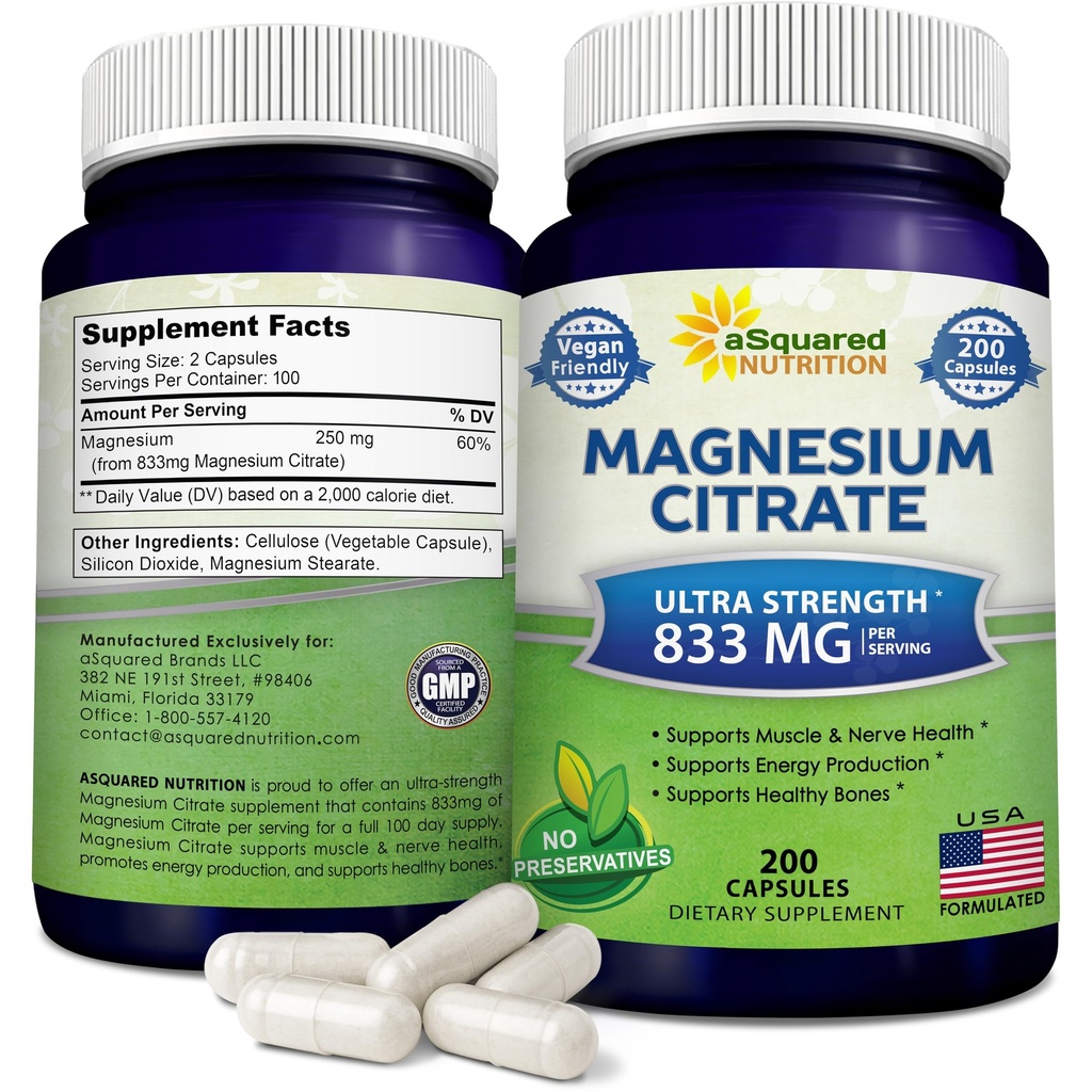 aSquared Nutrition Magnesium Citrate 833mg Supplement - 200 Kapseln - Max Strength Vegan Mag Citrate Pulver Pillen zur Unterstützung reiner Funktion von Muskeln, Herz und Knochen - Hilft Energie zu erhöhen