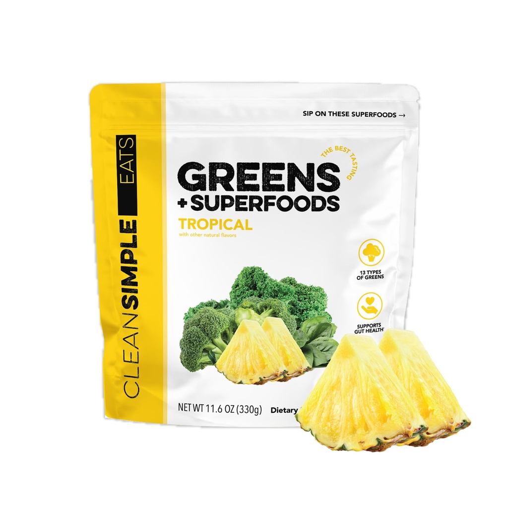 Reinigen Sie einfache Eats Super Greens Pulver, Natürlich aromatisierte Grüns Pulver mit Chlorella, Spirulina, Superfoods & Prebiotic Fiber, keine künstlichen Inhaltsstoffe, Glutenfrei, Tropical Greens Flavor, 30 Srvg