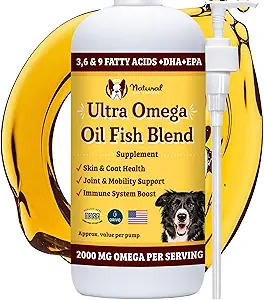 Natural Dog Company Ultra Omega Oil for Dogs a 2000 MG Omega 3, 6, 9 mit Lachs, Pollock & Flaxseed Oil, EPA & DHA, Hundeergänzung für Haut, Mantel, Gelenke, Allergy & Itch Relief, Hunde Fischöl 16oz