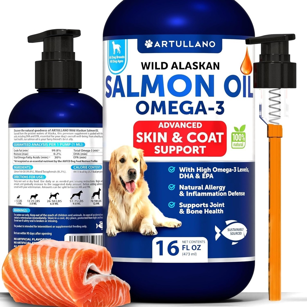 Lachsöl für Hunde - Omega 3 für Hunde - 16 FL OZ Wild Alaskan Lachs Fischöl - Natürliche EPA & DHA Fettsäuren für Haut & Coat, Allergy, Joint & Bone Health - Liquid Support Supplement für Shedding