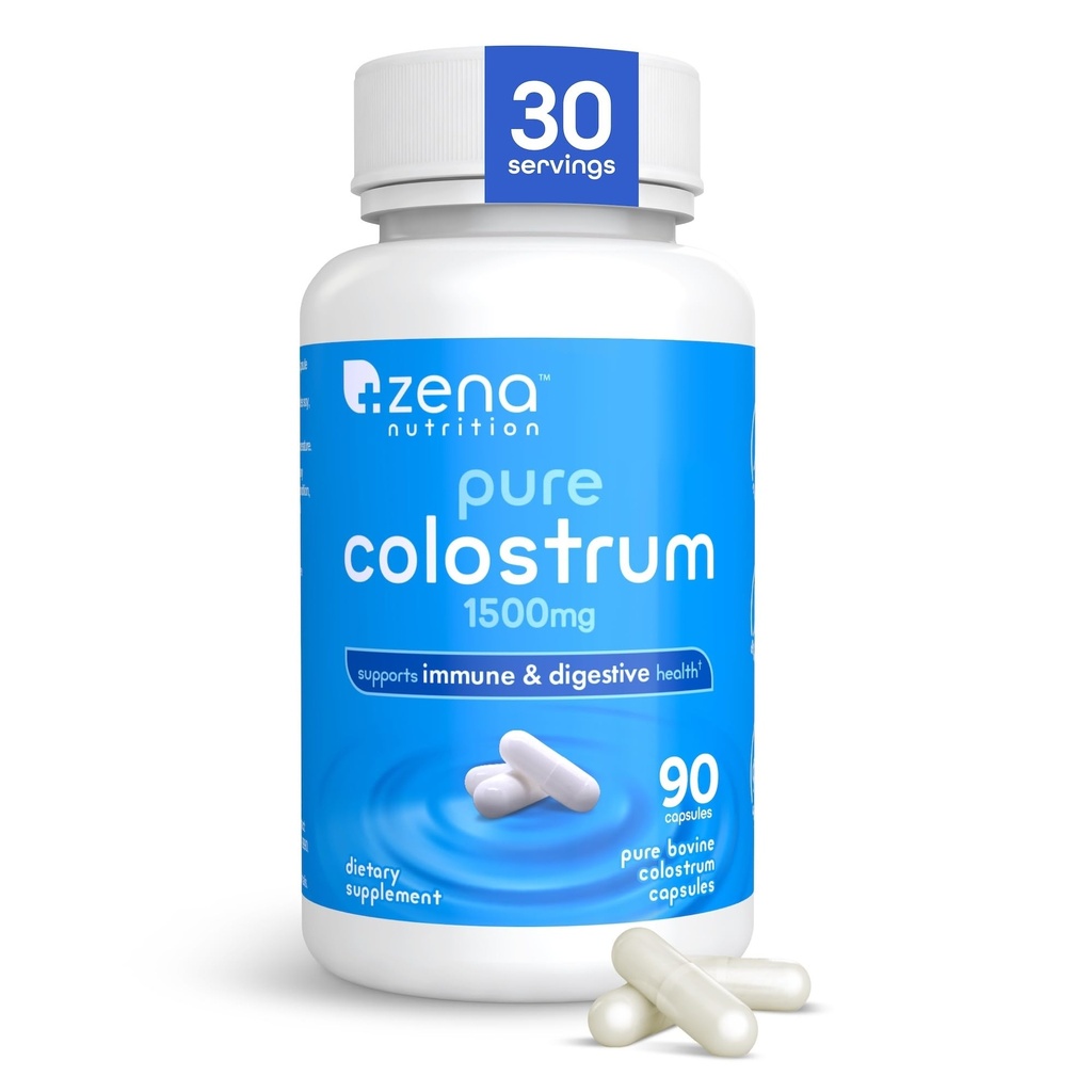 Zena Nutrition Pure Colostrum Kapseln, 1500mg Supplement, Gras Fed Bovine Colostrum, unterstützt Immun- und Verdauungsmedizin, fördert Gut Health, Glutenfrei, Fettfrei, 1 Monat Versorgung, 90 Kapseln