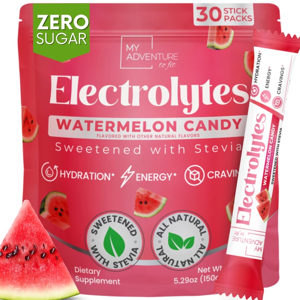 Zero Sugar Watermelon Candy Electrolytes Powder Packets (30 Pack) - Alle natürlichen Inhaltsstoffe, Koffeinfreie Energie für die Erfrischung der Hydration - Vegan, Keto, Paleo Sugar Free Electrolytes Powder No Sugar
