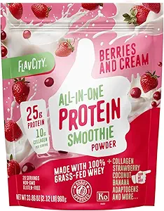 FlavCity Grass Fed Whey Protein Powder - Beeren & Cream - 25g Protein & 10g Collagen - Hergestellt mit Bio Erdbeeren & Kokosmilch - Glutenfrei & No Added Sugars (20 Portionen)