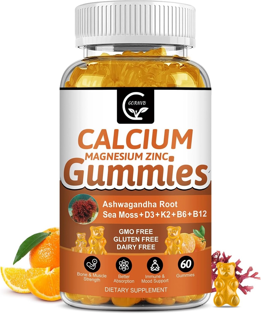 1200mg Calciumgummis mit Vitamin D3,K2,B12 & B6 - Pflanzenkomplexe Calcium Magnesiumergänzung mit Glycinat,Potassium,Sea Moss,Ashwagandha Wurzel für Knochen & Zähne Stärke, Muskel & Immun