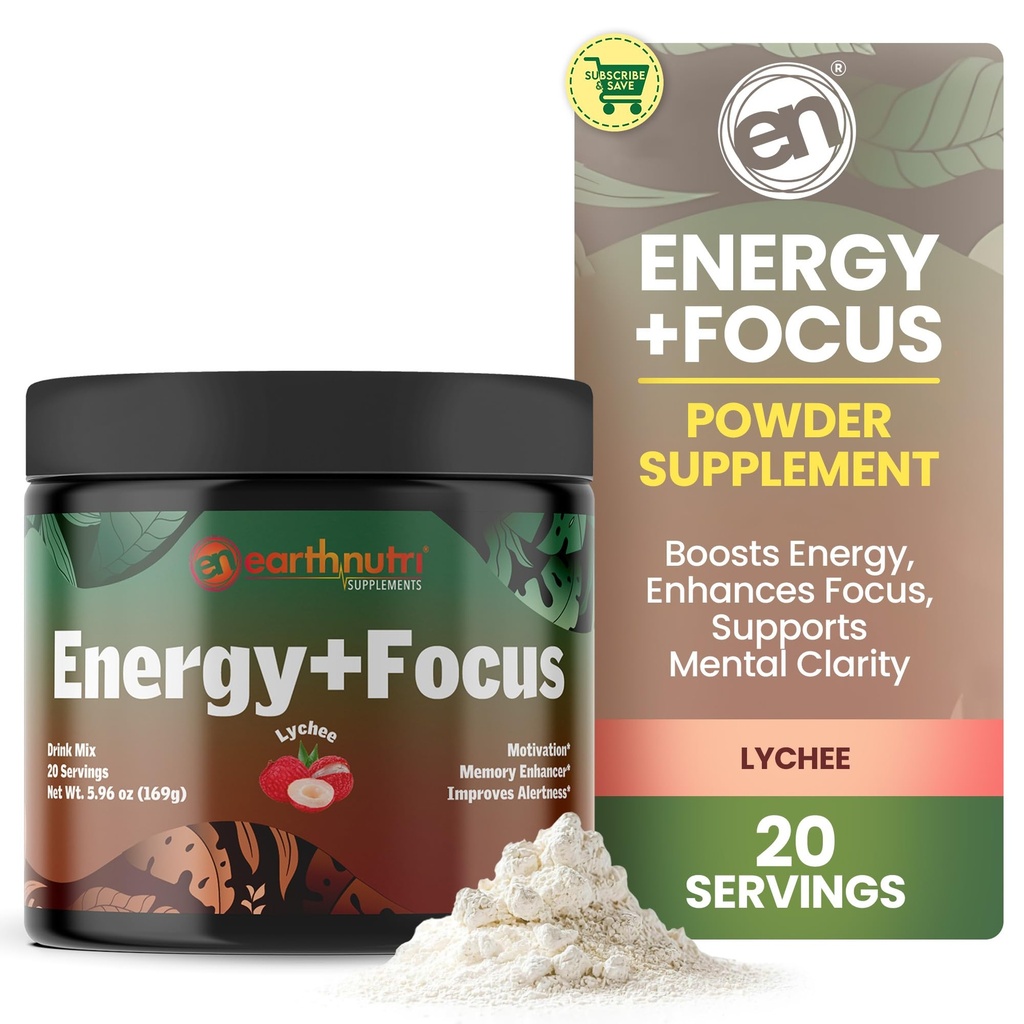 EarthNutri Energy + Focus Powder Supplement - Energy Boost & Hilft Konzentration mit PeakO2, AlphaSize, Cognizin, PurCaf, Theacrine, Acetyl L-Carnitin L-Tyrosin – Lychee Flavor - 20 Portionen (171g)