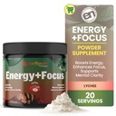 EarthNutri Energy + Focus Powder Supplement - Energy Boost & Hilft Konzentration mit PeakO2, AlphaSize, Cognizin, PurCaf, Theacrine, Acetyl L-Carnitin L-Tyrosin – Lychee Flavor - 20 Portionen (171g)