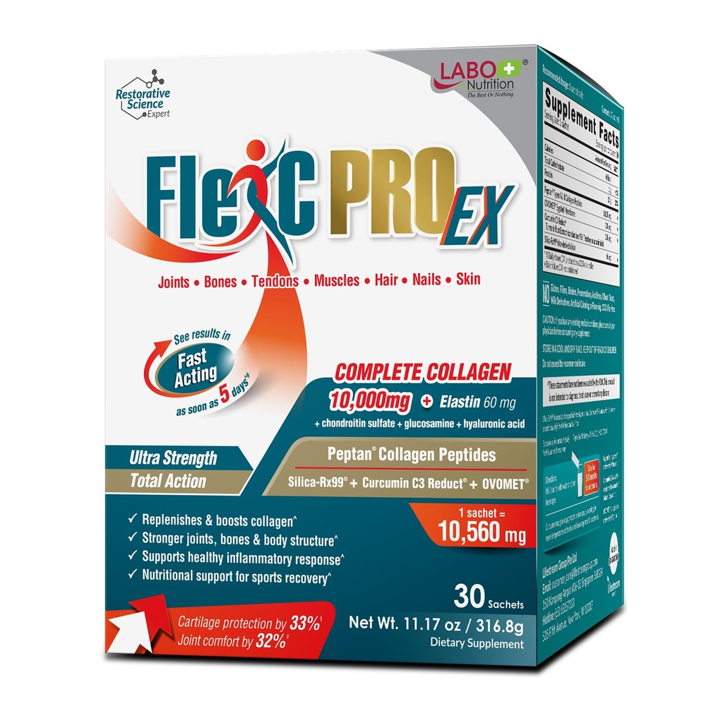 LABO Nutrition FlexC PRO EX, Full Spectrum Collagen, Typ I, III, V & X, Peptan Collagen, Eggshell Membrane, Wasser löslich Silica & Curcumin C3 Reduct, für Haar, Haut, Nägel, Gelenk, Knochen, Muskeln