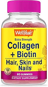 WellYeah Collagen with Biotin Gummies - Supports Skin, Hair, Nail Health, Joint Function, Bone Density, Muscle Growth, Cognitive Performance - Gluten Free, GMO Free - 60 Count