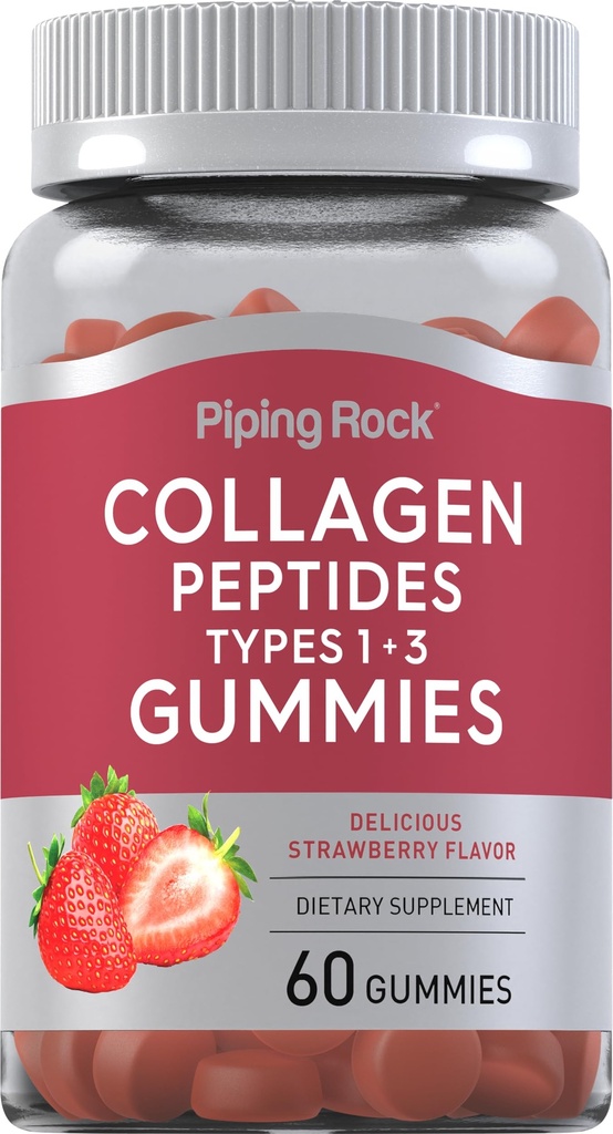 Piping Rock Collagen Gummies | 60 Count | Collagen Peptide Typ 1 und 3 | Erdbeeren Flavor | Bovine Supplement | Non-GMO, Glutenfrei
