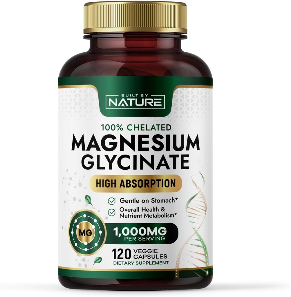 Erbaut von Nature Magnesium Glycinate 1000mg – High Absorption Magnesium Supplement – 100% Chelat, Gentle on Stomach - Muskel, Herz, Knochen & Entspannung Unterstützung - Non-GMO, Vegan - 120 Kapseln