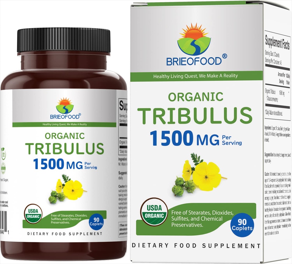 Brieofood Bio Tribulus 1500mg, 45 Servierungen, Vegetarisch, Glutenfrei, 90 vegetarische Tabletten