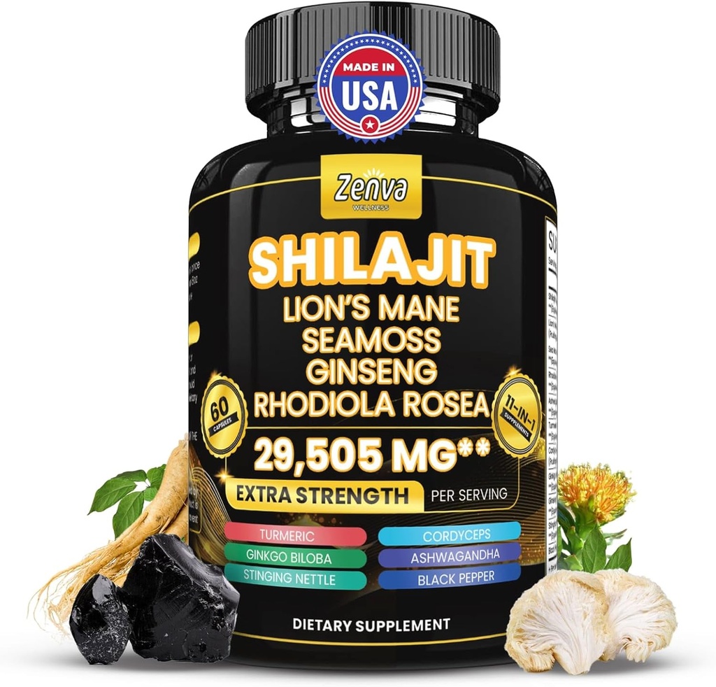 Shilajit und Sea Moss Combo Pure Shilajit für Männer und Frauen Himalayan Shilajit Kapseln extra Stärke mit Lions Mane, Rhodiola Rosea, Ashwagandha, Cordyceps, Ginseng Plus Turmeric