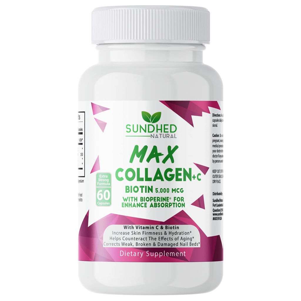 Max Collagen Plus C (60 caps) - Alle natürlichen Collagen Capsules mit Biotin & Bioperine zu erhöhen Anti Aging Hydration & Haut Firmness - Collagen Pillen Knochen und Nägel stärken