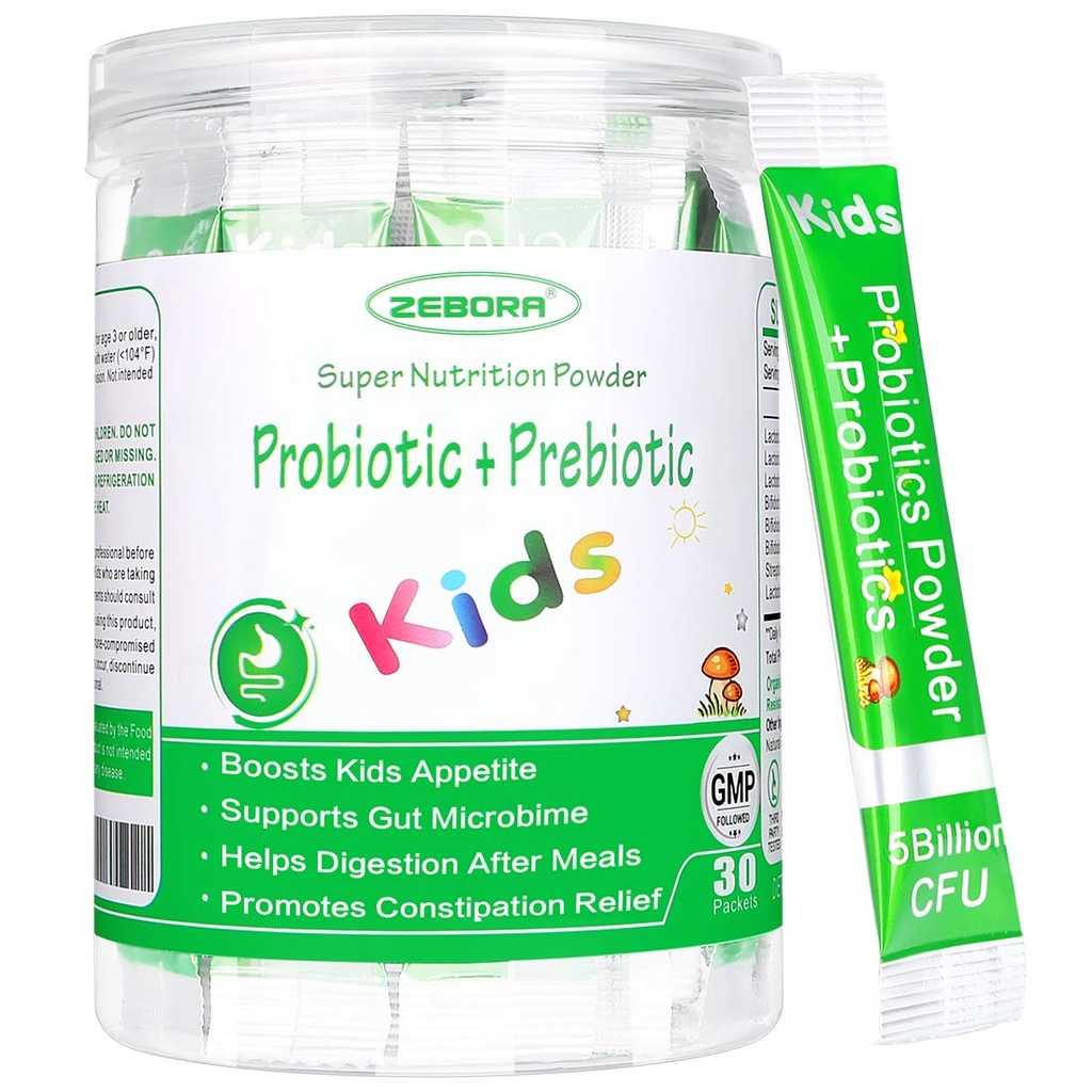 ZEBORA Kids Probiotic & Prebiotics Pulver Alter 3+ Unterstützung Kinder Verdauungs- und Immunsystem mit natürlicher Quelle, fördert Verstopfung Relief, Non-GMO, Gluten-Free, 30 Pakete mit 5 Milliarden CFUs