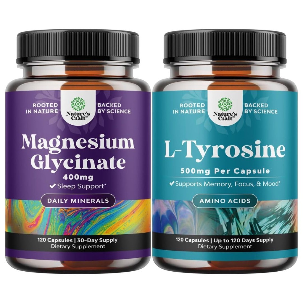 Bundle von Magnesium Glycinate 400mg Kapseln und Potent L Tyrosin 500mg Kapseln - für Schlaf-Unterstützung Knochen-Gesundheit Muskel Erholung - Aminosäure Nahrungsergänzungsmittel für Gehirn Gesundheit Schilddrüse Unterstützung