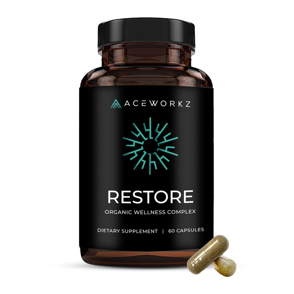 Restore - Organic Sea Moss Complex mit BioPerine® für verbesserte Asorption - 12.000mg pro Servierung - Ashwagandha, Black Seed Oil, Turmeric, Shilajit - Detox, Immune, Energy & Mood Support (60 Kapseln)