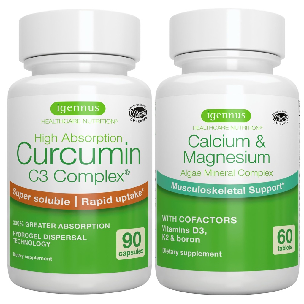 Algae Calcium & Magnesium Complex + High Absorption Curcumin C3 Complex, Vegan Bundle für Knochen, Gelenke und Erholung von Übung, von Igennus