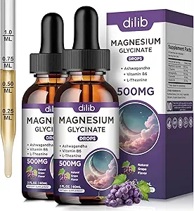 (2 Pack) Magnesium Glycinate Liquid Drops 500mg, mit Vitamin B6, Ashwagandha, L - Theanin, Kamille, Magnesium Glycinate Supplement Hohe Absorption für Schlaf, Stress, Energie Stimmung - Grape Flavor