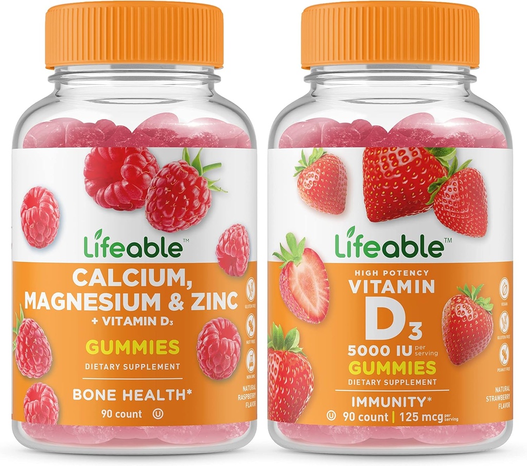 Lebensfähiges Kalzium, Magnesium, Zink & Vitamin D + Vitamin D 5000 IU, Gummis Bundle - Große Verkostung, Vitaminergänzung, Glutenfrei, GMO frei, Kaubar